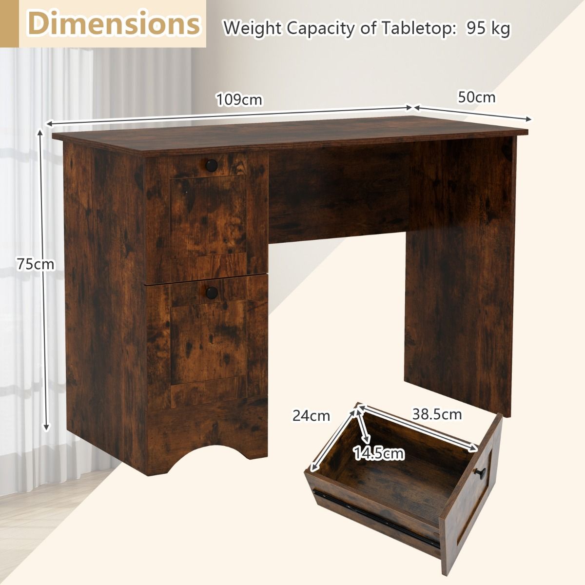 CompactLiving Bureau met 2 Lades 109x50 cm - Rustiek Bruin - Afbeelding 6