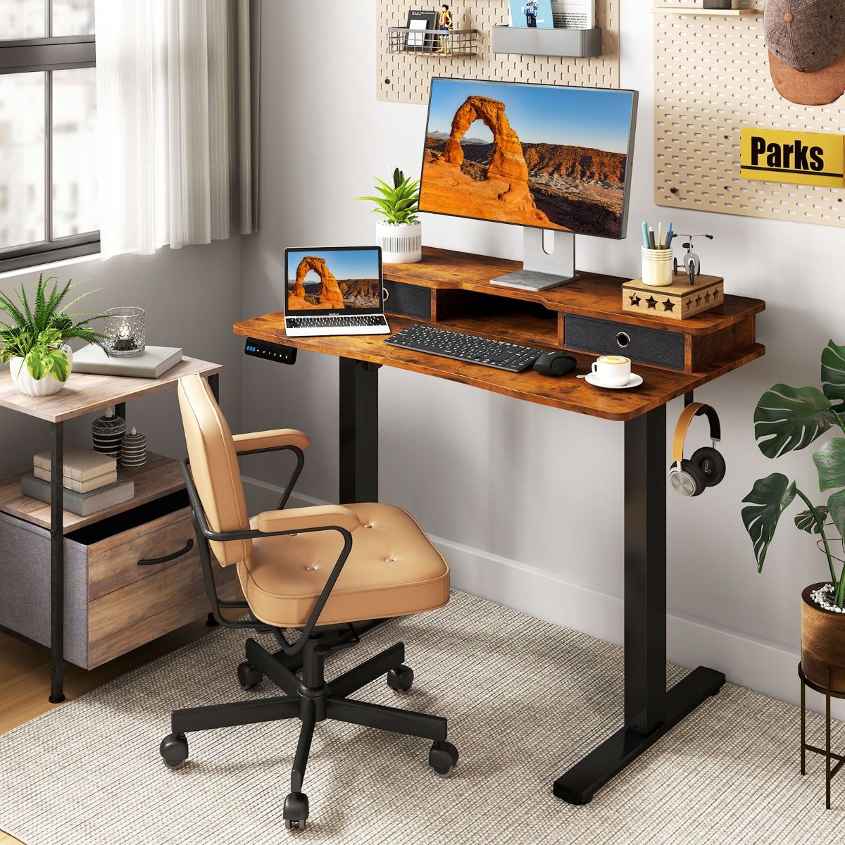 Ergo-Storage Elektrisch Zit-Sta Bureau – 100 x 60 cm – Met Monitorstandaard & Lades – Bruin - Afbeelding 3