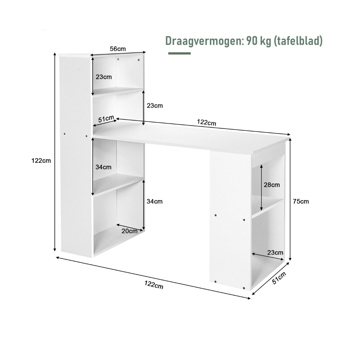 CombiSmart Computerbureau met Boekenkast 122x56 cm – Wit - Afbeelding 3
