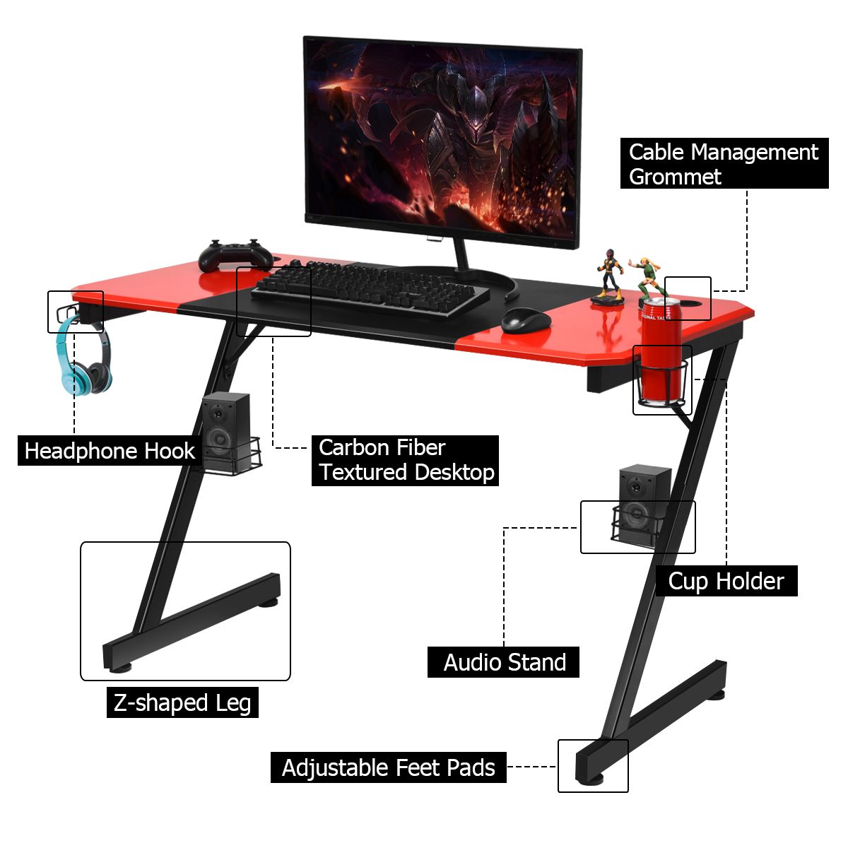ProGamer Z-Series Gaming Bureau 120x60 cm – Rood/Zwart - Afbeelding 4