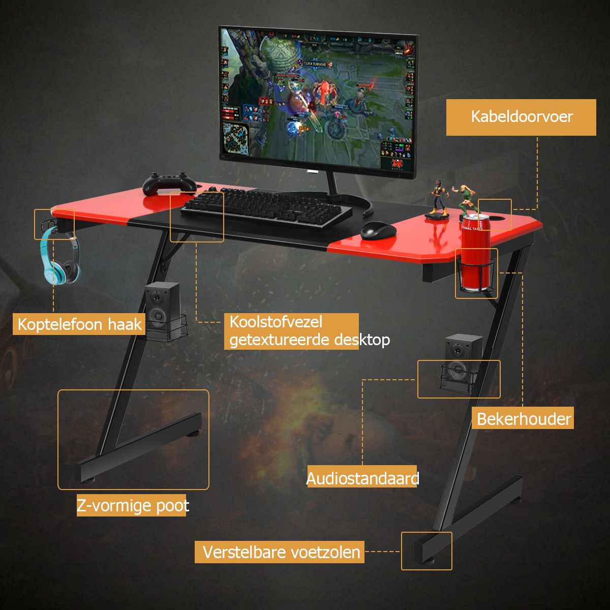 ProGamer Z-Series Gaming Bureau 120x60 cm – Rood/Zwart - Afbeelding 5