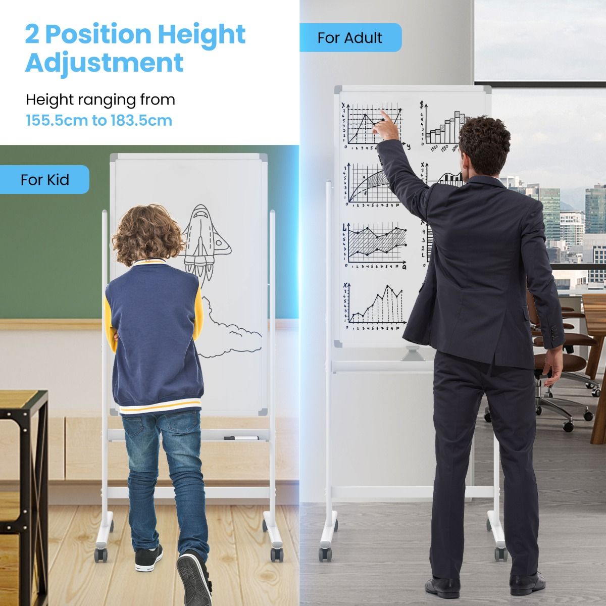 FlexStand Mobiel Flipover Whiteboard – Wit – In Hoogte Verstelbaar - Afbeelding 4