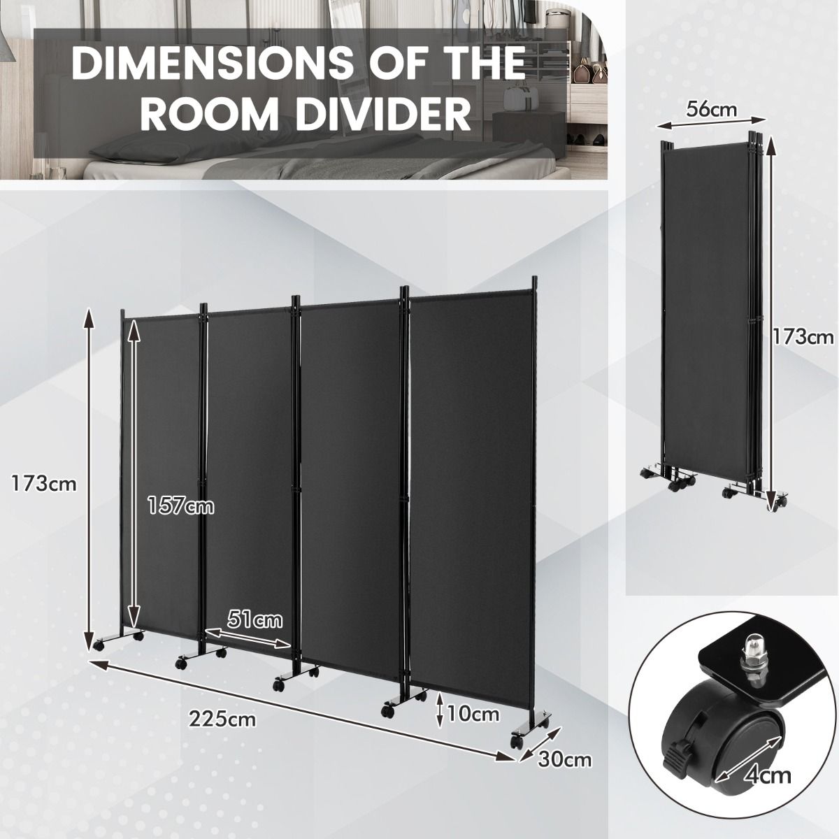 PrivaScreen Mobile 4-Delig Kamerscherm op Wielen 225x173 cm – Grijs - Afbeelding 2