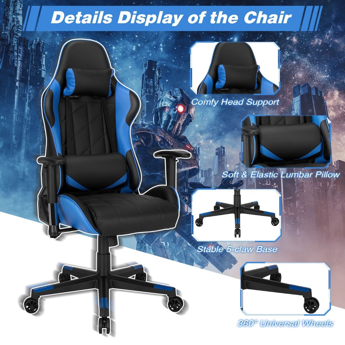 Apex Race Gaming Stoel 125-135 cm – Blauw/Zwart - Afbeelding 10
