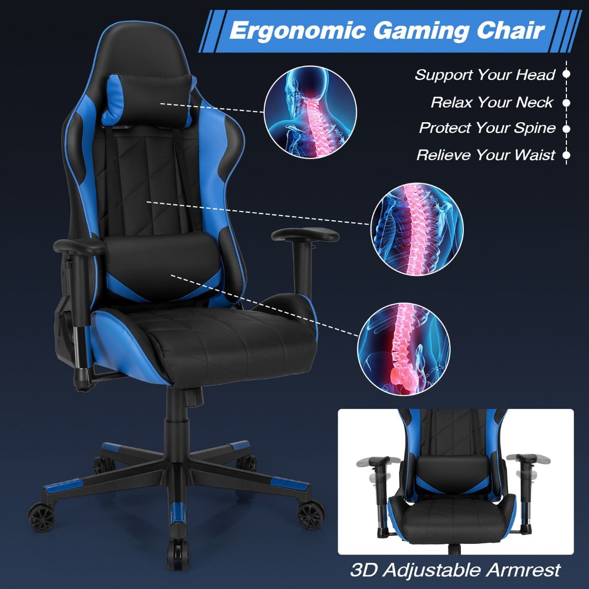Apex Race Gaming Stoel 125-135 cm – Blauw/Zwart - Afbeelding 6